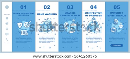 Influenza virus prevention onboarding vector template. Immunity maintenance. Yearly vaccination for flu. Responsive mobile website with icons. Webpage walkthrough step screens. RGB color concept 商業照片 © 