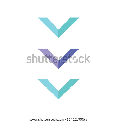 Scrolling down button flat design cartoon RGB color icon. Three downward arrows for mobile app interface. Downloading process indicator. Arrowheads, cursor. Vector silhouette illustration