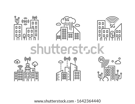 5G smart city pixel perfect linear icons set. Urban intelligence. Mobile cellular network coverage. Customizable thin line contour symbols. Isolated vector outline illustrations. Editable stroke