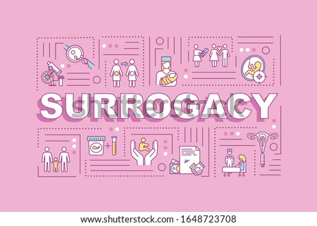 Surrogacy word concepts banner. Arranged child birth. Female egg donor. Surrogate mother. Infographics with linear icons on pink background. Isolated typography. Vector outline RGB color illustration