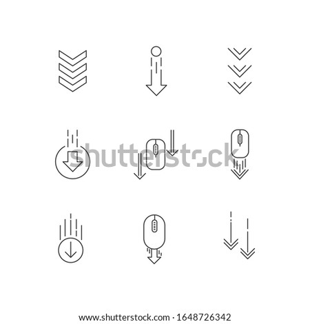 Scrolling down arrows pixel perfect linear icons set. Web cursor. PC elements, indicators. Customizable thin line contour symbols. Isolated vector outline illustrations. Editable stroke