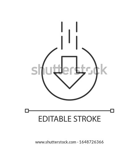 Down arrow in circle pixel perfect linear icon. Moving arrowhead in round shape. Scrolldown button. Thin line illustration. Contour symbol. Vector isolated outline drawing. Editable stroke