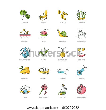 Cosmetic ingredient RGB color icons set. Propolis for royal honey. Exfoliating treatment. Collagen, ceramide. Chemical formulas. Cosmetology, dermatology. Korean beauty. Isolated vector illustrations