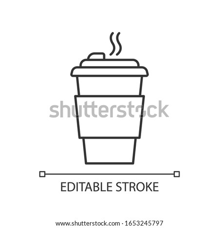 Coffee to go pixel perfect linear icon. Thin line customizable illustration. Caffeine drink. Hot beverage, tea disposable mug with lid. Takeout cappuccino. Vector isolated drawing. Editable stroke