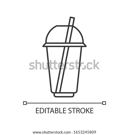 Disposable plastic cup pixel perfect linear icon. Thin line customizable illustration. Mug for cold drink, soda, juice with dome lid and straw. Beverage. Vector isolated drawing. Editable stroke
