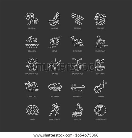 Cosmetic ingredient chalk white icons set on black background. Propolis for royal honey. Exfoliating treatment. Collagen, ceramide. Chemical formulas. Isolated vector chalkboard illustrations