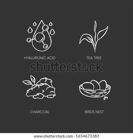 Cosmetic ingredient chalk white icons set on black background. Hyaluronic acid. Birds nest. Skincare treatment. Organic component for exfoliation. Isolated vector chalkboard illustrations