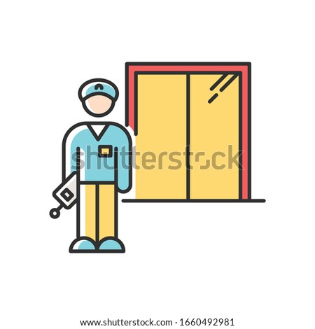 Night dorm watchman RGB color icon. College dormitory janitor. Security guard. Residential hall employee. Hotel security. Elevator operator. Liftman. University warden. Isolated vector illustration