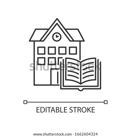 Library pixel perfect linear icon. Educational establishment. Book storage. Campus building. Thin line customizable illustration. Contour symbol. Vector isolated outline drawing. Editable stroke