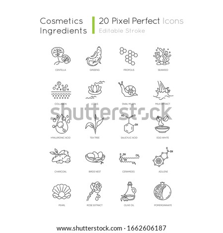 Cosmetic ingredient pixel perfect linear icons set. Exfoliating treatment. Chemical formulas. Customizable thin line contour symbols. Isolated vector outline illustrations. Editable stroke