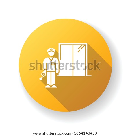 Night dorm watchman yellow flat design long shadow glyph icon. College dormitory janitor. Security guard. Hotel security. Elevator operator. University warden. Silhouette RGB color illustration