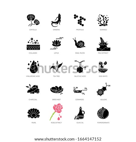 Cosmetic ingredient black glyph icons set on white space. Propolis for royal honey. Exfoliating treatment. Collagen, ceramide. Chemical formulas. Silhouette symbols. Vector isolated illustration