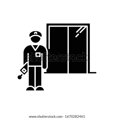 Night dorm watchman black glyph icon. College dormitory janitor. Security guard. Hotel security. Elevator operator. University warden. Silhouette symbol on white space. Vector isolated illustration