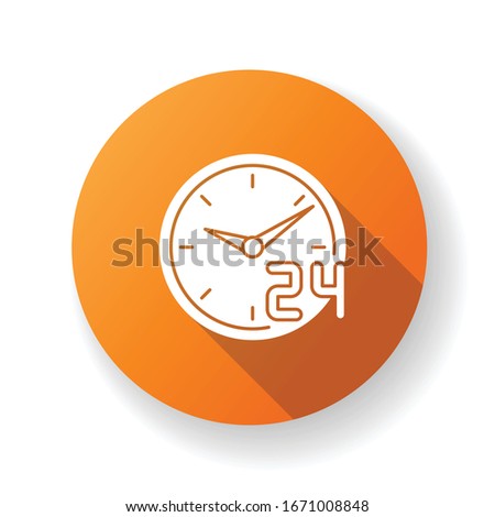 Around the clock service orange flat design long shadow glyph icon. 24 7 hour customer support. Circle watch dial badge. Every day available. Retail industry. Silhouette RGB color illustration