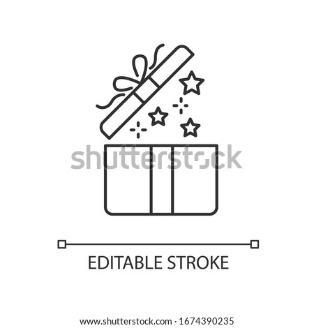 Gift pixel perfect linear icon. Open present. Surprise in box. Celebrate birthday. Give away. Thin line customizable illustration. Contour symbol. Vector isolated outline drawing. Editable stroke