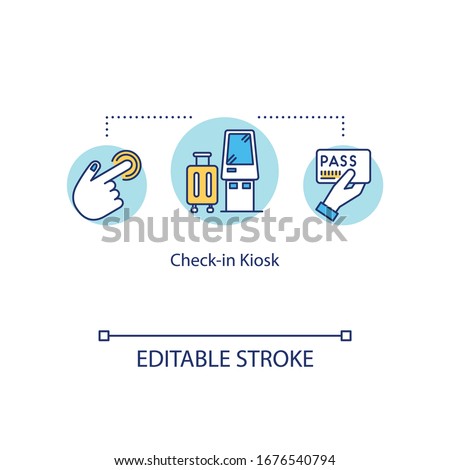 Check in kiosk concept icon. Airport self service terminal idea thin line illustration. Freestanding panel for luggage registration. luggage Vector isolated outline RGB color drawing. Editable stroke