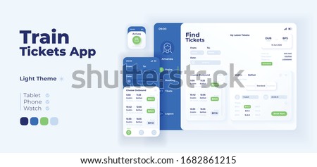 Train tickets app screen vector adaptive design template. Internet booking service application day mode interface with flat character. User profile smartphone, tablet, smart watch cartoon UI