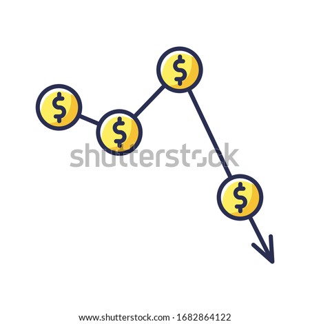 Crysis, currency depreciation yellow RGB color icon. Inflation, exchange rates decline. Commerce, business fail and profit reduction. Isolated vector illustration