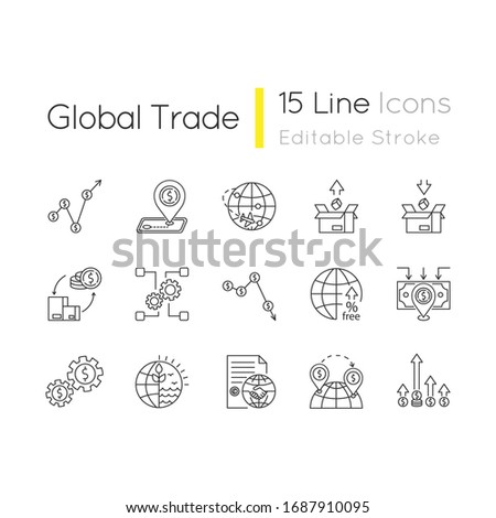 Global trade pixel perfect linear icons set. World economics, investment and income. Business assets. Customizable thin line contour symbols. Isolated vector outline illustrations. Editable stroke