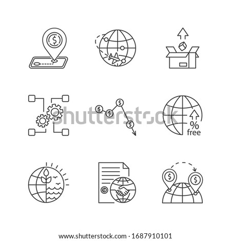 Global trade, export and investments pixel perfect linear icons set. Taxes and non-tariff barriers. Customizable thin line contour symbols. Isolated vector outline illustrations. Editable stroke