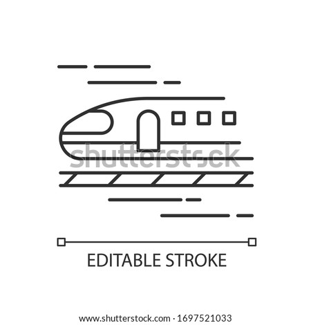 Train pixel perfect linear icon. High speed shinkansen. Japanese bullet train. Rapid transit. Thin line customizable illustration. Contour symbol. Vector isolated outline drawing. Editable stroke