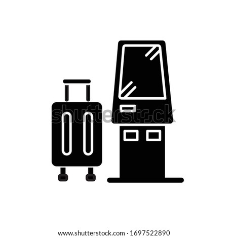 Check in kiosk flat design long shadow glyph icon. Self serving airport terminal. Checked luggage in aircraft. Panel machine for baggage. Silhouette symbol on white space. Vector isolated illustration