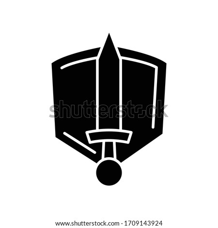 History epic black glyph icon. Common movie genre, filmmaking category silhouette symbol on white space. Medieval action adventure, fantasy fiction. Sword and shield vector isolated illustration