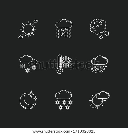 Sky clarity and precipitation chalk white icons set on black background. Seasonal weather forecast, meteorological report. Atmosphere condition prediction. Isolated vector chalkboard illustrations