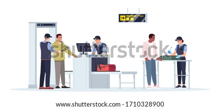 Check before boarding plane semi flat RGB color vector illustration. Security border control. Checked baggage on conveyor. Airport staff isolated cartoon characters on white background