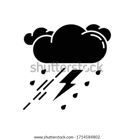 Thunderstorm black glyph icon. Bad weather, meteo forecast silhouette symbol on white space. Strong atmospheric precipitation, rainstorm. Raining cloud with lightning vector isolated illustration