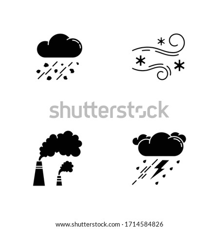 Bad weather forecast black glyph icons set on white space. Meteorology, atmosphere condition prediction silhouette symbols. Hail, blowing snow, smoke and thunderstorm. Vector isolated illustration