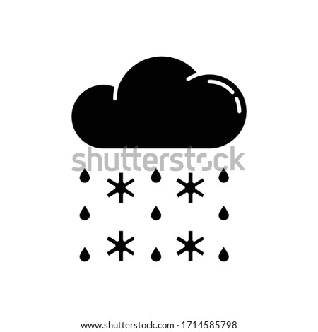 Heavy snow, sleet black glyph icon. Winter weather forecast, meteorology silhouette symbol on white space. Atmospheric precipitation. Cloud with snowflakes and raindrops vector isolated illustration