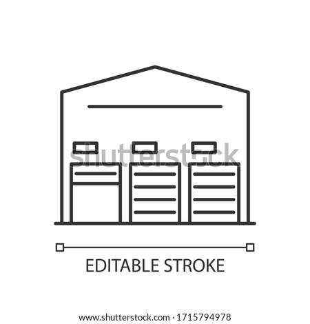Self storage unit pixel perfect linear icon. Industrial building entrance. Storing facility. Thin line customizable illustration. Contour symbol. Vector isolated outline drawing. Editable stroke