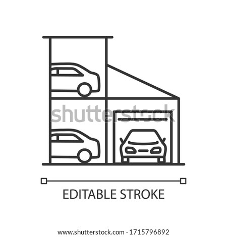 Car parking lot pixel perfect linear icon. Full storage at shopping center for transport. Thin line customizable illustration. Contour symbol. Vector isolated outline drawing. Editable stroke