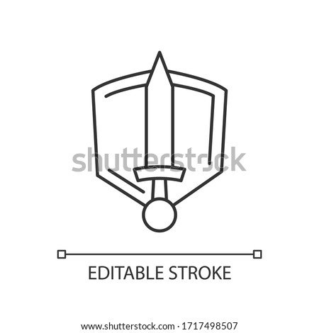 History epic pixel perfect linear icon. Thin line customizable illustration. Common movie genre, filmmaking category contour symbol. Sword and shield vector isolated outline drawing. Editable stroke