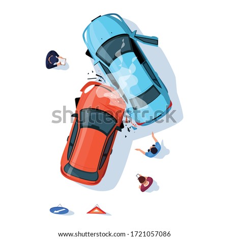 Accident regulation on road semi flat RGB color vector illustration. Smashed cars on highway. Police officer with crashed transport. Drivers isolated cartoon character top view on white background