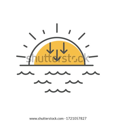 Sunset yellow RGB color icon. Evening, sundown, weather forecasting. Sea, ocean at dusk. Transition from day to night. Sun setting over horizon isolated vector illustration