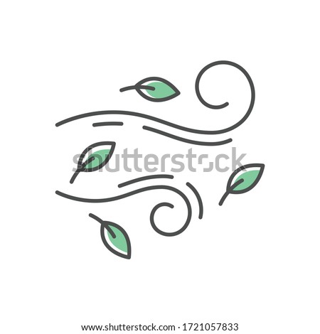 Windy weather RGB color icon. Autumn season meteo forecast, meteorology. Wind speed and strength prediction. Cool breeze with leaves isolated vector illustration
