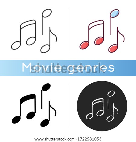 Musical icon. Linear black and RGB color styles. Traditional movie genre, artistic cinematography. Common film category with song and dance numbers. Music notes isolated vector illustrations