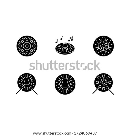 Ornamental handpan black glyph icons set on white space. Traditional musical instrument for relaxation beats. Play in band with steelpan percussion. Silhouette symbols. Vector isolated illustration