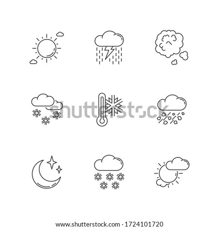 Sky clarity and precipitation pixel perfect linear icons set. Seasonal weather forecast, meteorologiy customizable thin line contour symbols. Isolated vector outline illustrations. Editable stroke