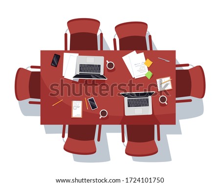 Empty meeting room semi flat RGB color vector illustration. Conference coffee break. Documents and computers on desk. Office table isolated cartoon object top view on white background