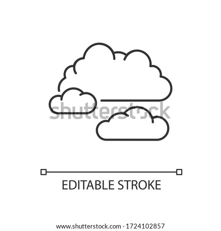 Cloudy weather pixel perfect linear icon. Overcast, moody sky, meteo forecasting thin line customizable illustration. Contour symbol. Clouds vector isolated outline drawing. Editable stroke