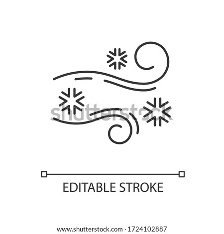 Blowing snow pixel perfect linear icon. Windy weather forecast thin line customizable illustration. Contour symbol. Cold wind with snowflakes vector isolated outline drawing. Editable stroke