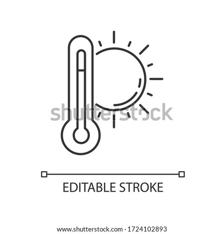 Hot weather pixel perfect linear icon. Summer heat, seasonal forecasting thin line customizable illustration. Contour symbol. Thermometer with sun vector isolated outline drawing. Editable stroke