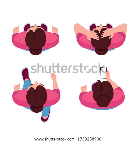 Woman position flat vector illustrations set. Person moving forward. Woman hold mobile phone. Employee in pink shirt. Stressed student. Female isolated cartoon one character top view kit