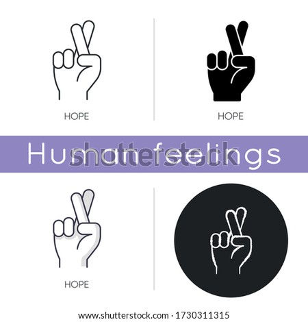 Hope icon. Crossed fingers for luck. Optimistic outlook. Positive mental attitude. Wish of good expectation. Promise for possibility. Linear black and RGB color styles. Isolated vector illustrations