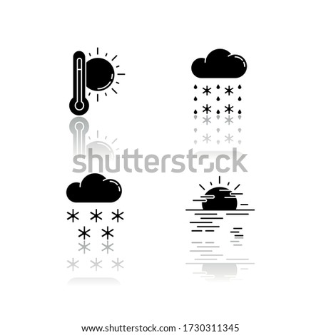 Temperature and precipitation forecast drop shadow black glyph icons set. Seasonal weather prediction. Summer heat, snow, winter sleet and haze. Isolated vector illustrations on white space