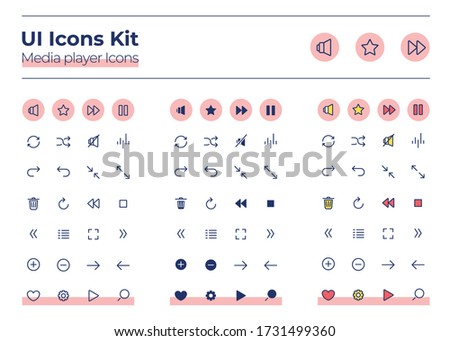 Media player UI icons kit. Audio settings thin line, glyph and color vector symbols set. Play and stop sound. Multimedia mobile app buttons in pink circles pack. Web design elements collection