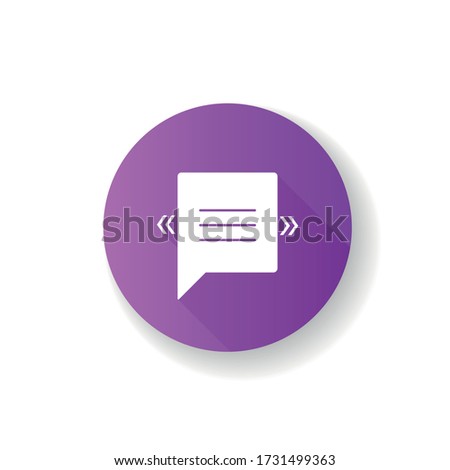 Chat bubble with angle quotes purple flat design long shadow glyph icon. Empty square box for direct speech. Blank dialogue balloon with quotation marks. Silhouette RGB color illustration